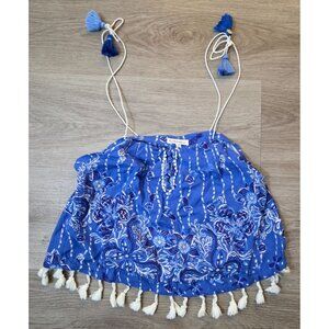 Poupette St. Barth Blue Top Tassel Pom Pom Tie Cropped Shirt Extra Large XL